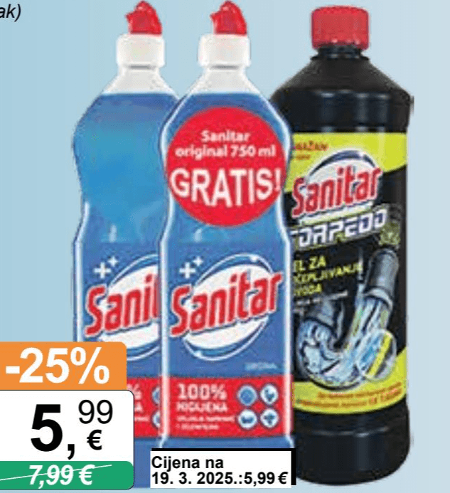 Sanitar promo pakiranje original + Sanitar Torpedo 750 ml (1+1 gratis) + 1 l Akcija u trgovini KTC