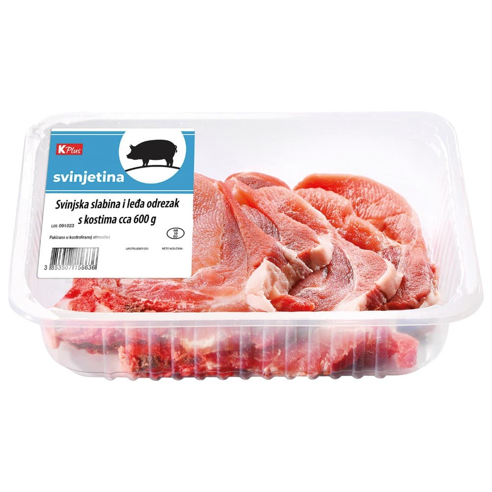 K Plus svinjska slabina i leđa s kosti 1 kg Akcija u trgovini Konzum