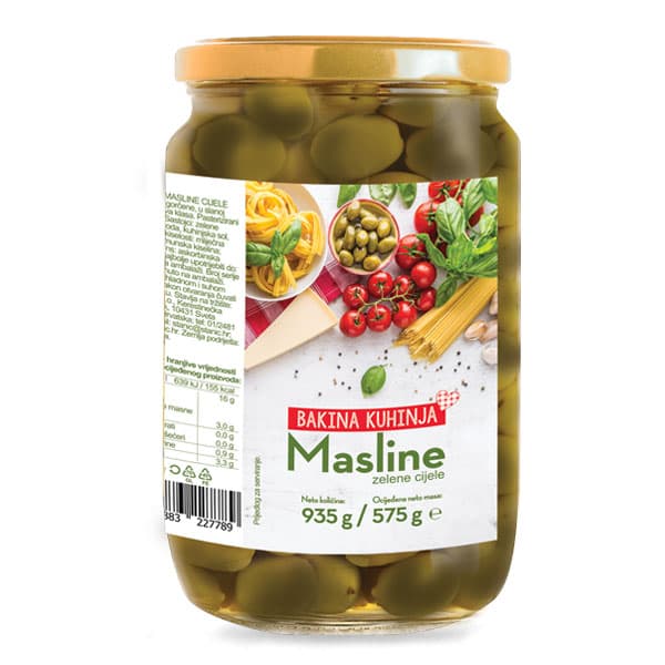 Masline zelene, cijele 935 g/575 g Bakina kuhinja Akcija u trgovini Stanić Diskont