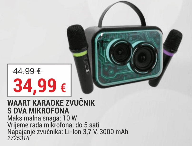 Waart karaoke zvučnik s dva mikrofona Akcija u trgovini Merkury