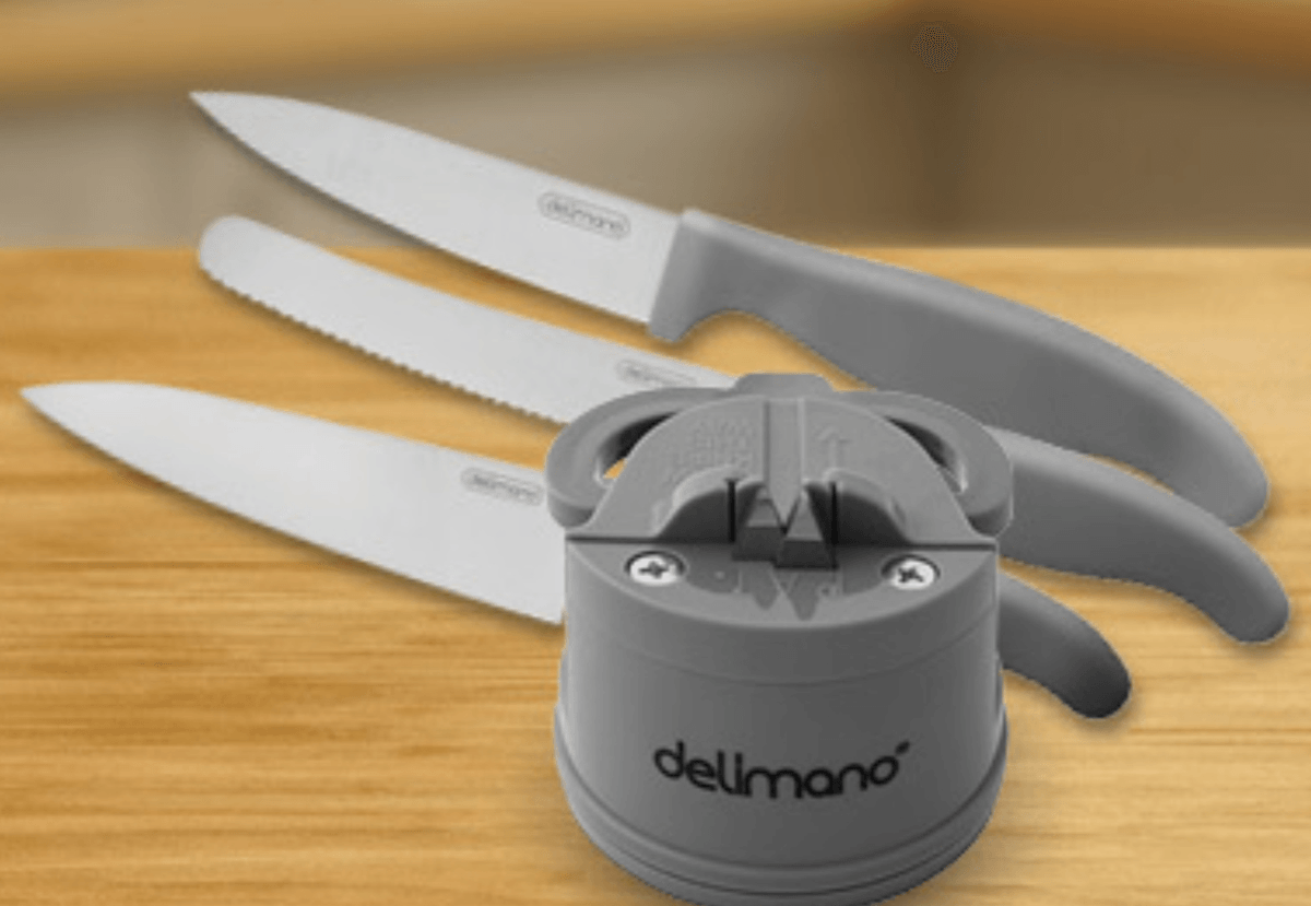 Delimano Oštrač noževa + tri noža kom - Akcija u trgovini Konzum