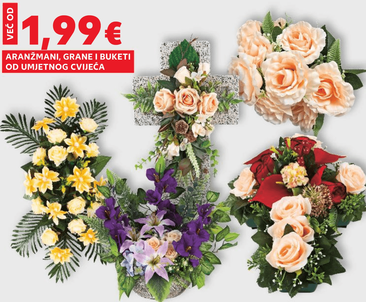 Aranžmani, grane i buketi od umjetnog cvijeća Akcija u trgovini Kaufland