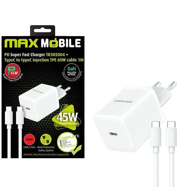 Kućni punjač MAXMOBILE PD super fast charge set 2 U 1 TYPE C + kabel TR385004 GAN45W - Akcija u trgovini Pevex