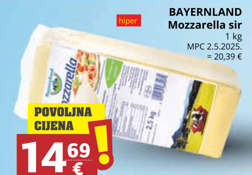 Bayernland Mozzarella sir 1 kg - Akcija u trgovini Ribola