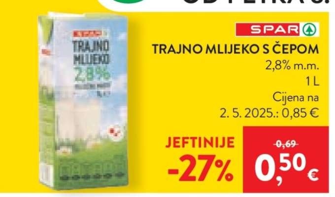 SPAR Trajno mlijeko s čepom 1 L - Akcija u trgovini Spar