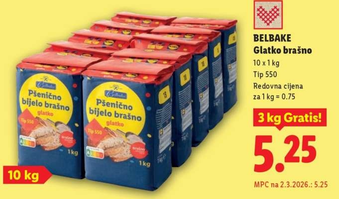 Belbake Glatko brašno 10 x 1 kg + 3 kg gratis - Akcija u trgovini Lidl