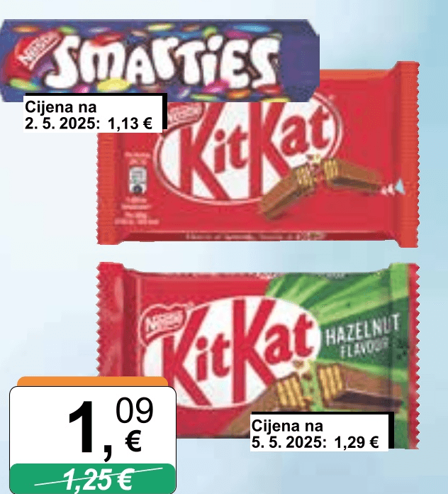 Čokoladice ili čoko draže bomboni 41.5g, 38g Kit Kat, Smarties - Akcija u trgovini KTC