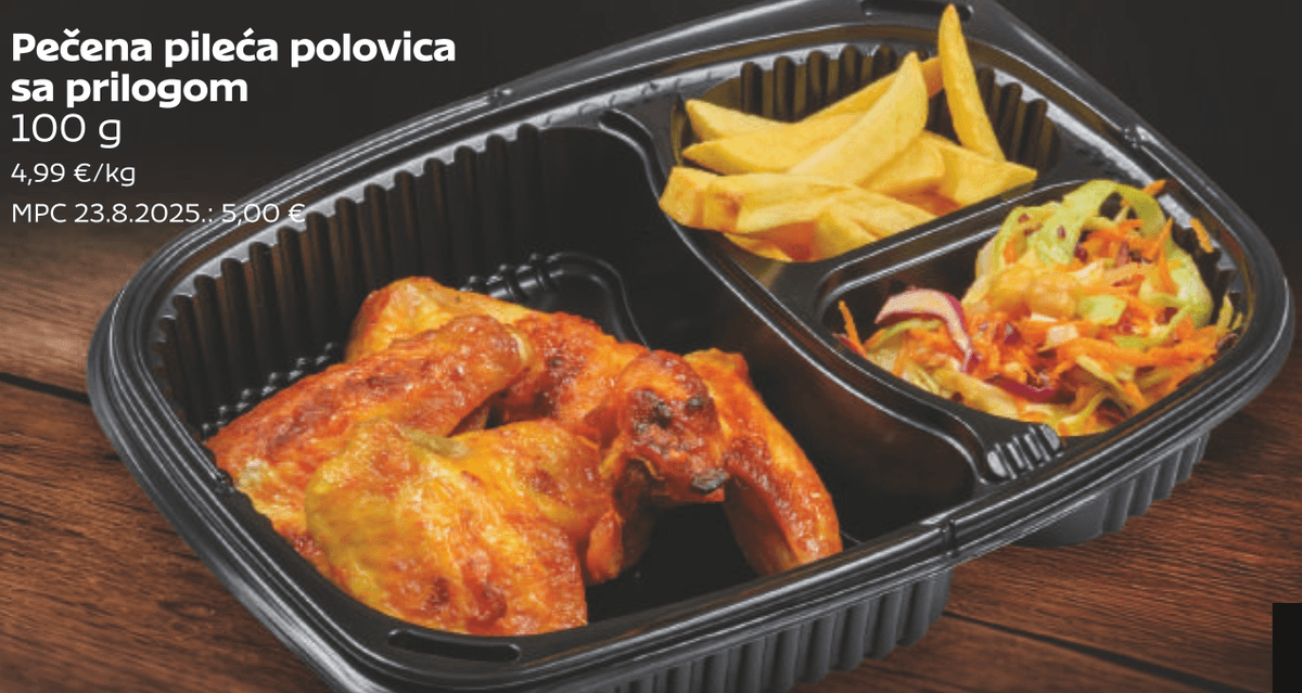 Pečena pileća polovica sa prilogom 100 g - Akcija u trgovini Tommy