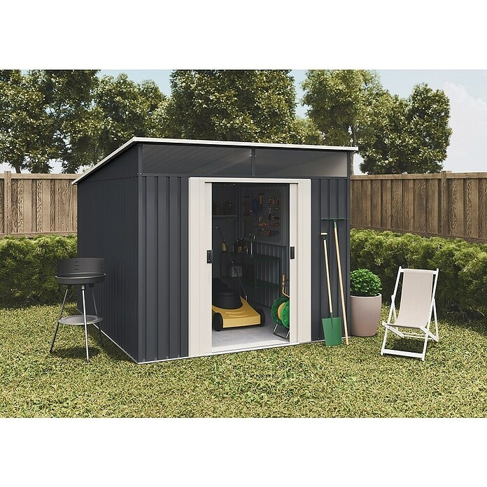 Vrtno spremište Slevik II d 224 x š 267 x v 180 cm, dim. s krovom d 238 x š 279 x v 203 cm, površina 6,6 m², stijenke deb. 0,25 mm Akcija u trgovini Bauhaus
