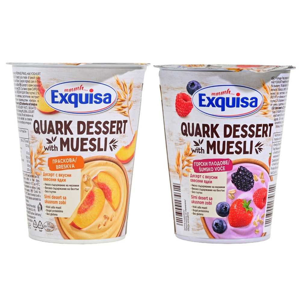 Exquisa quark sirni desert s muesli šumsko voće ili breskva 375 g Akcija u trgovini Kaufland
