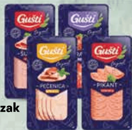 Gušti Dimljena vratina, Dimljena pečenica, Pikant kobasica ili Šunka u ovitku 100 g Akcija u trgovini Plodine