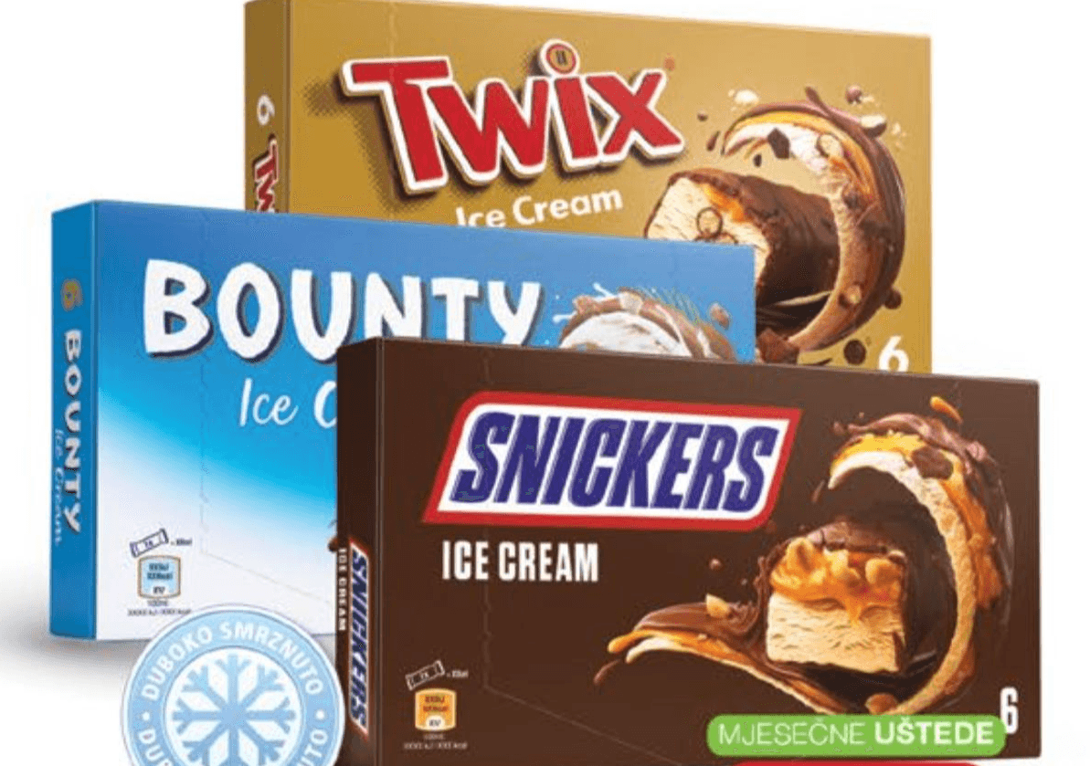 Sladoledni prutići Snickers, Mars, Bounty ili Twix od 6 x 34,2 g do 6 x 45,6 g Snickers, Mars, Bounty, Twix Akcija u trgovini Spar