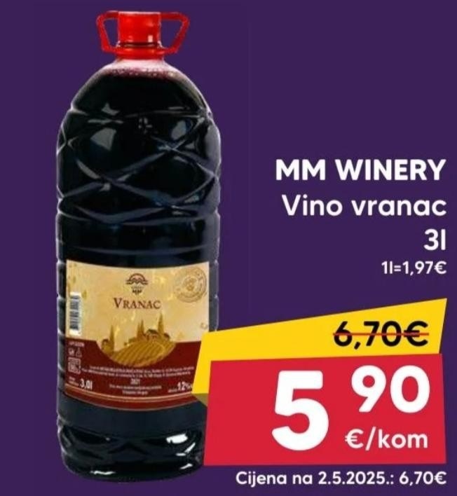 MM Winery vino vranac 3 l Akcija u trgovini Pivac