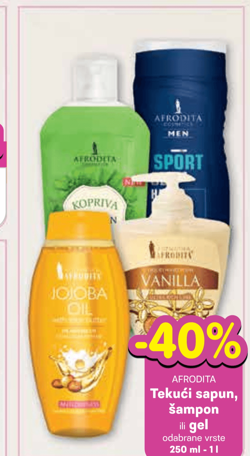 Afrodita Tekući sapun, šampon ili gel 250 ml - 1 l - Akcija u trgovini Plodine