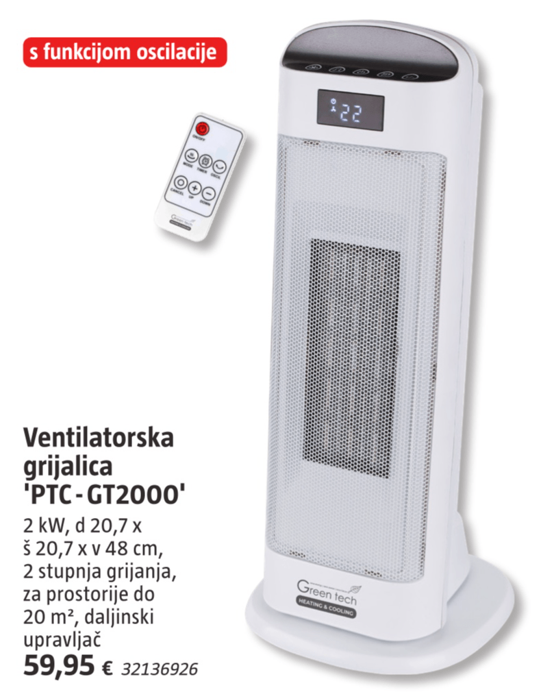 Ventilatorska grijalica 'PTC-GT2000' Green tech - Akcija u trgovini Bauhaus