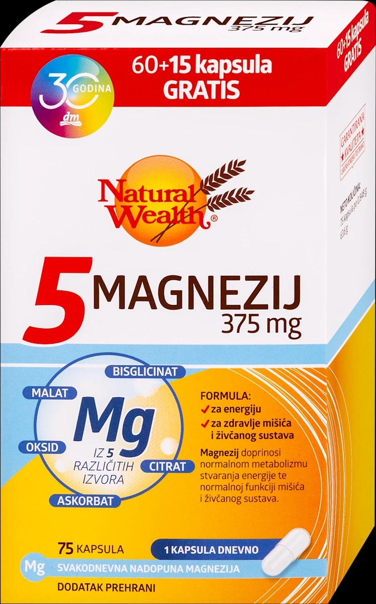 Natural Wealth 5 Magnezij kapsule 60 kom. + 15 kom. gratis - Akcija u trgovini Dm