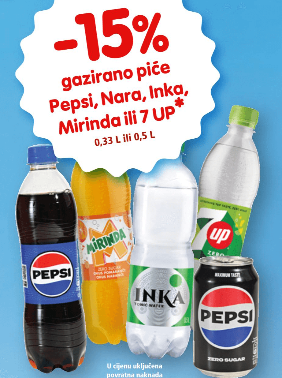 Gazirano piće Pepsi, Nara, Inka, Mirinda ili 7 UP 0,33 L ili 0,5 L Pepsi, Nara, Inka, Mirinda, 7 UP - Akcija u trgovini Interspar