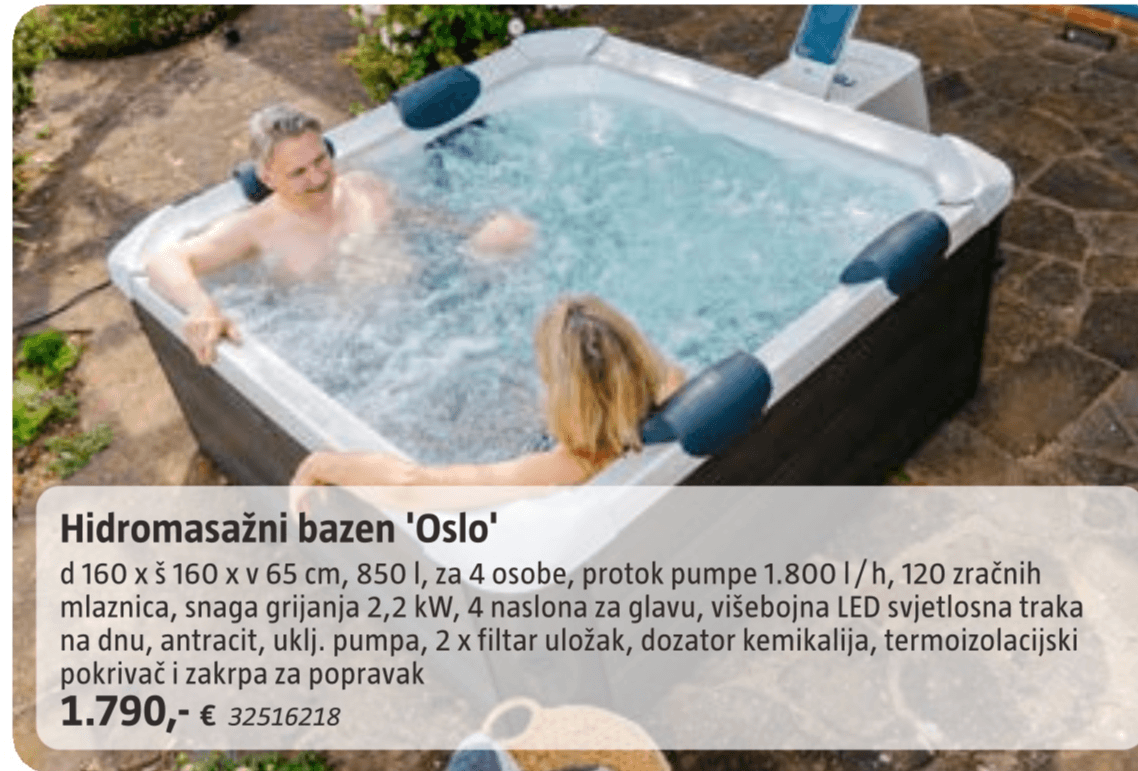 Hidromasažni bazen 'Oslo' d 160 x š 160 x v 65 cm, 850 l - Akcija u trgovini Bauhaus