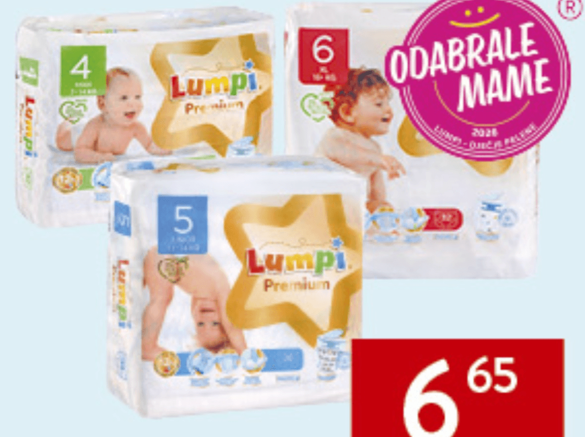 Lumpi dječje pelene maxi 4 (42/1), junior 5 (36/1), XL 6 (32/1) - Akcija u trgovini Konzum
