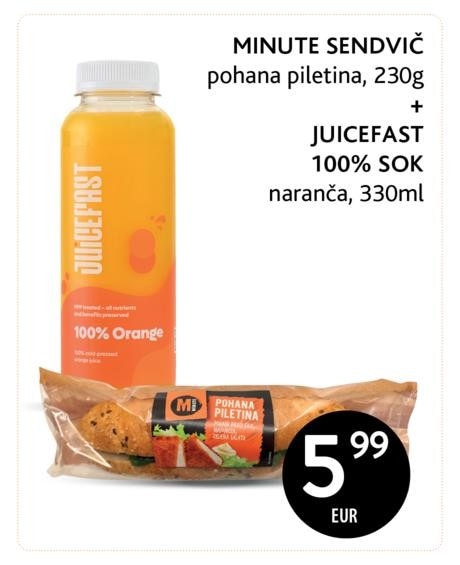 Minute sendvič pohana piletina + Juicefast sok naranča 230g + 330ml Akcija u trgovini Konzum