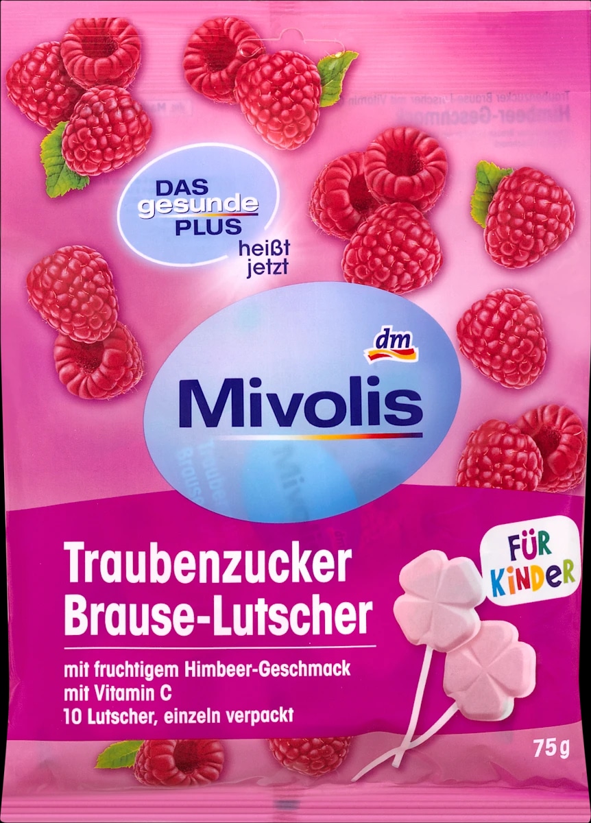 Mivolis šumeća lizalica od grožđanog šećera s vitaminom C okus maline 75 g Akcija u trgovini Dm