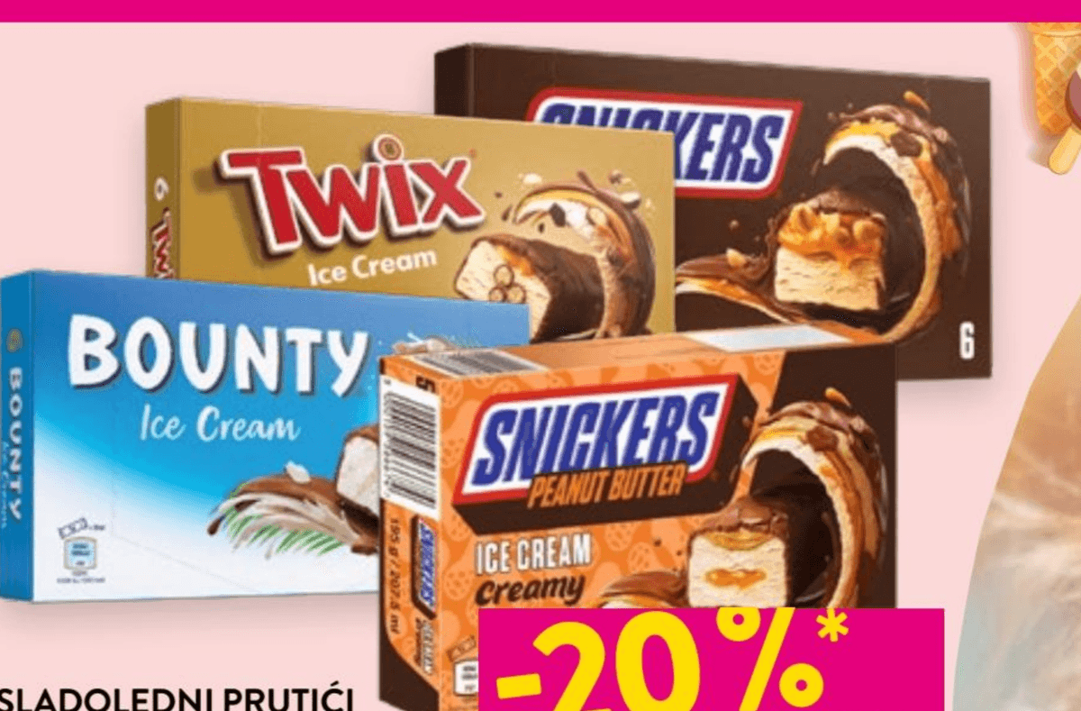 Sladoledni prutići Snickers, Mars, Bounty ili Twix Snickers, Mars, Bounty, Twix - Akcija u trgovini Spar