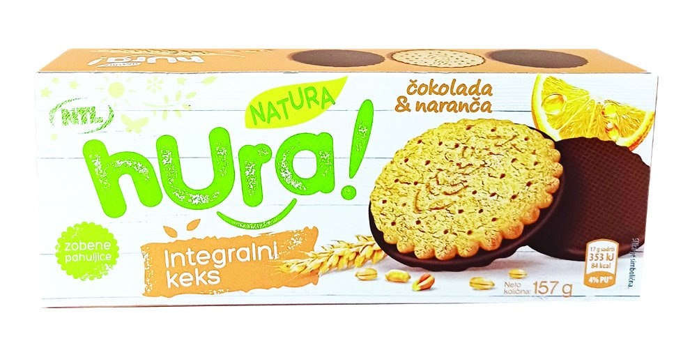 Integralni keks sa narančom preliveni čokoladom Hura Natura 157 g - Akcija u trgovini NTL