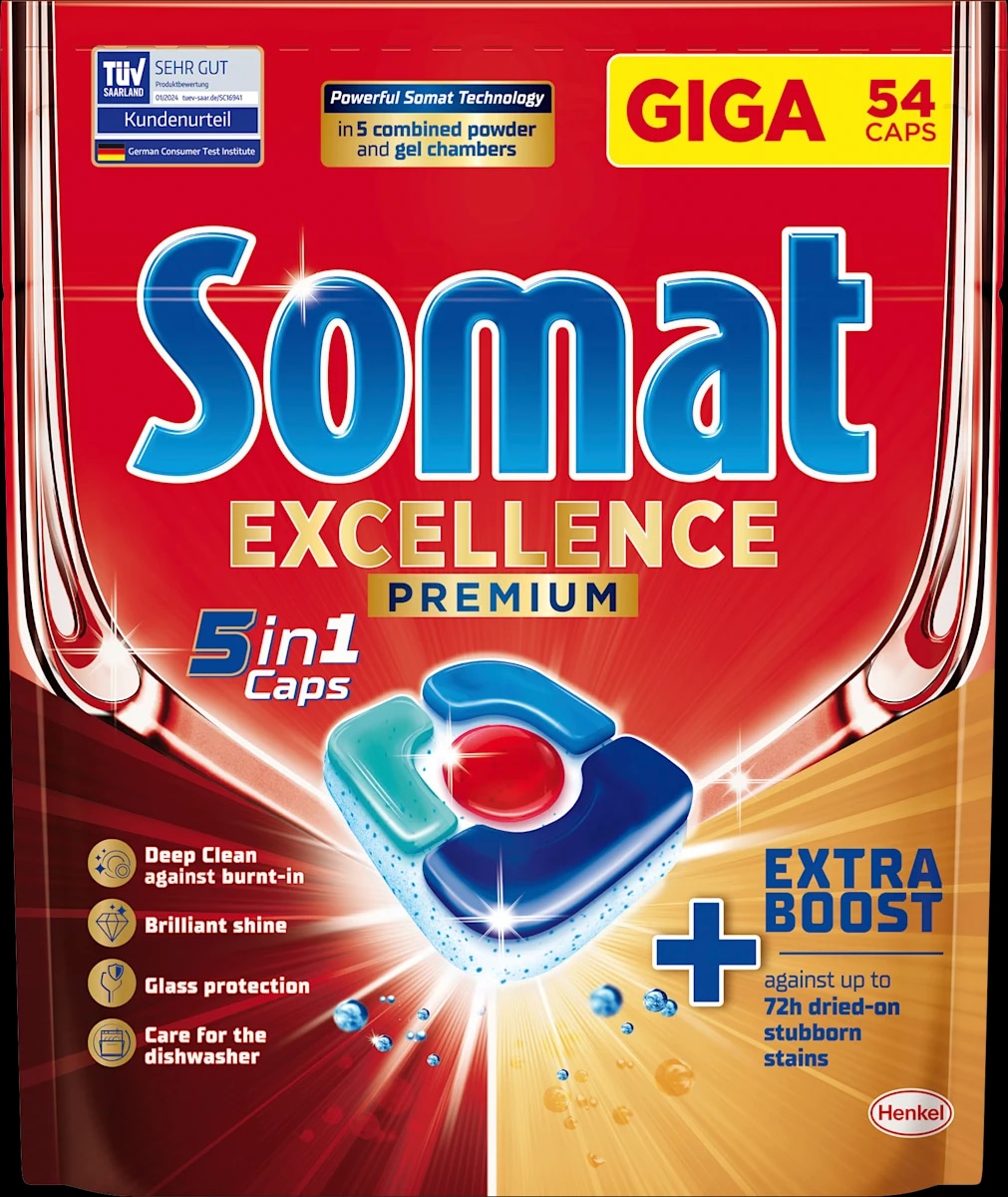 Tablete ili gel za strojno pranje posuđa Somat Excellence premium 42/1 5in1; Excellence 50/1 4in1; Excellence 60/1 3in1; Gel 2 x 540 ml - Akcija u trgovini Spar
