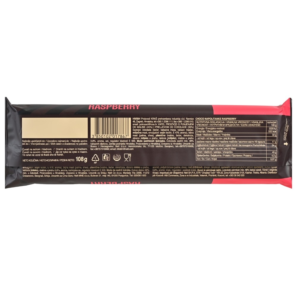 Napolitanke Kraš Choco cocoa & milk, raspberry 108 g - Akcija u trgovini Bakmaz