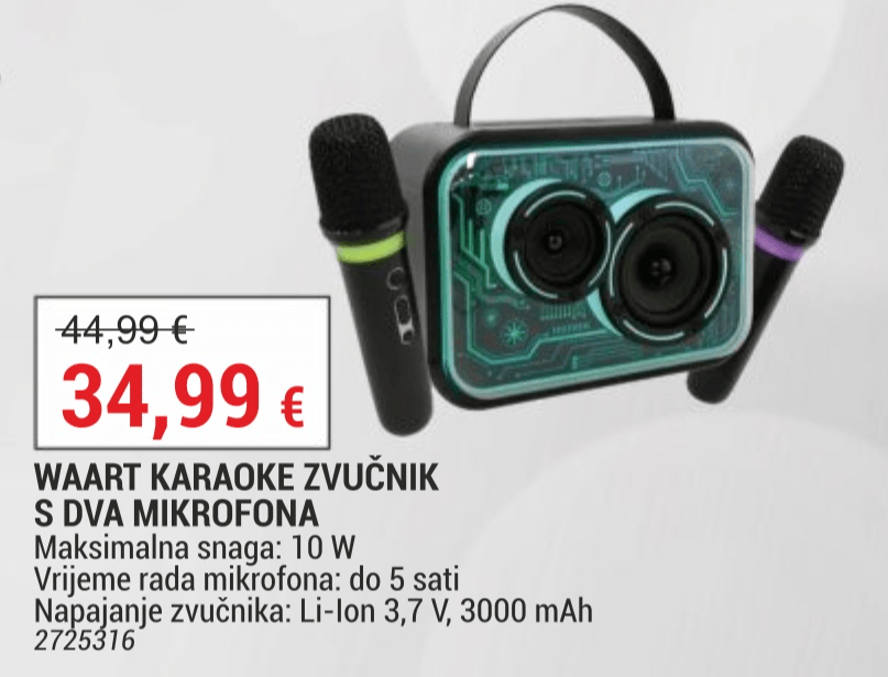 Waart karaoke zvučnik s dva mikrofona Akcija u trgovini Merkury