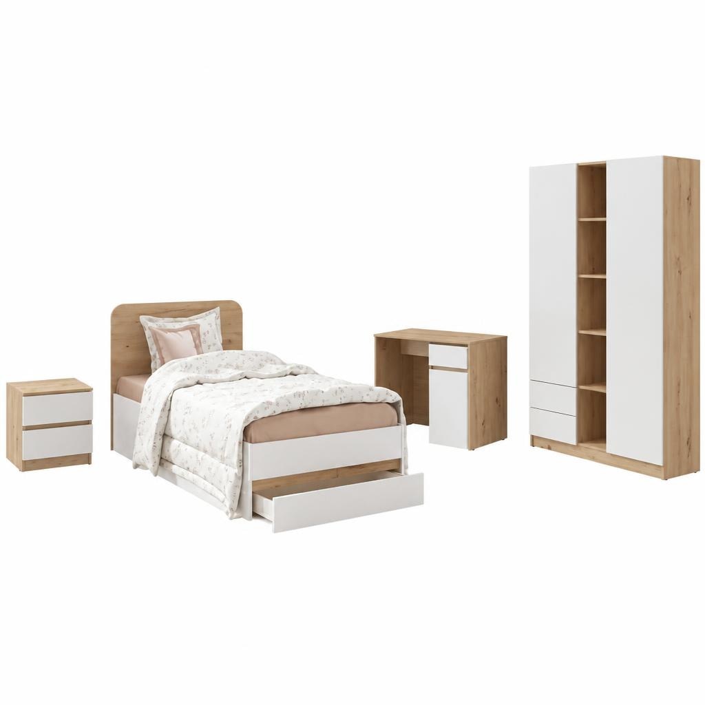 Vita soba za mlade Ormar: 120x195x52 cm; krevet s ladicom: 90x200 cm; noćni ormarić: 45x45x45 cm; pisaći stol: 92x74,5x50 cm Akcija u trgovini Lesnina