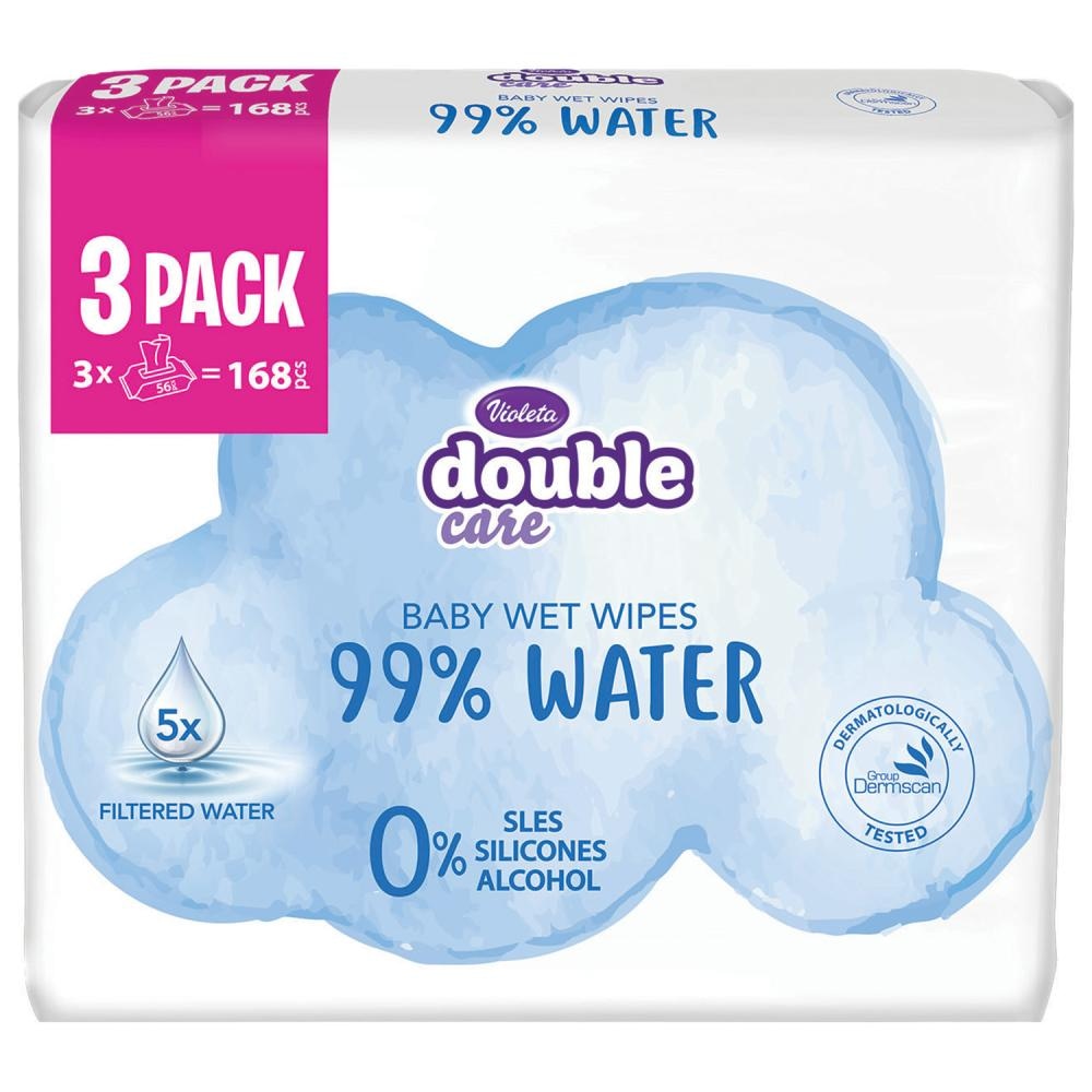 Violeta Double Care Baby Vlažne maramice 99% voda 3 x 56 kom - Akcija u trgovini Ribola