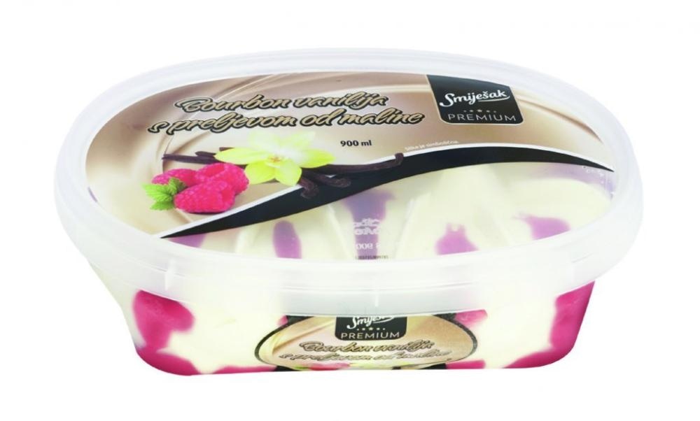 Smiješak Premium Sladoled bourbon vanilija s preljevom od maline 900 ml