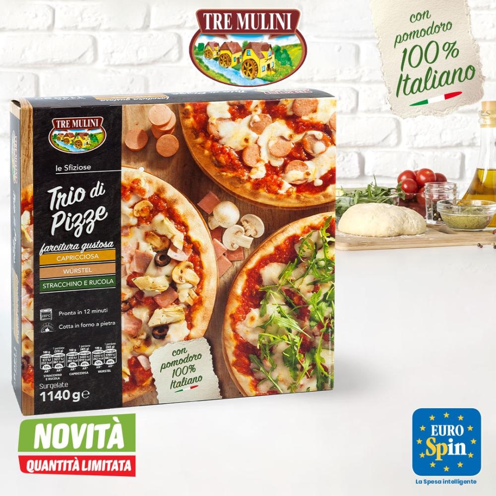 Pizza trio Capricciosa, hrenovke, sir i rukola 3 kom, 1.14 kg Tre Mulini - Akcija u trgovini Eurospin
