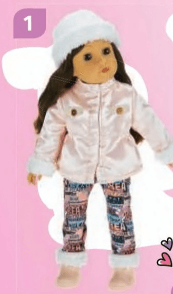 Lutka sa smeđom kosom u sjajnoj ružičastoj jakni