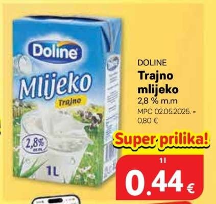 Doline trajno mlijeko 3 x 250 ml Akcija u trgovini Plodine