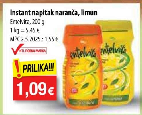 Instant vitaminski napitak naranča, limun Entelvita 200 g - Akcija u trgovini NTL