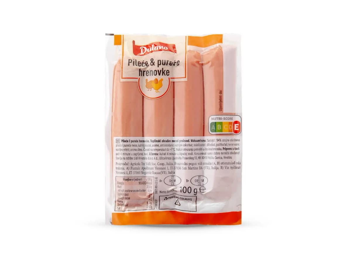 Dulano pileće i pureće hrenovke 100 g Akcija u trgovini Lidl