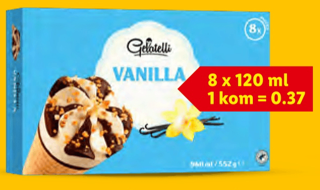 Gelatelli sladoled u kornetu 8 x 120 ml Akcija u trgovini Lidl