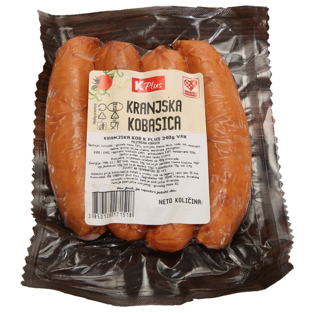K Plus Kranjska kobasica 340 g Akcija u trgovini Konzum