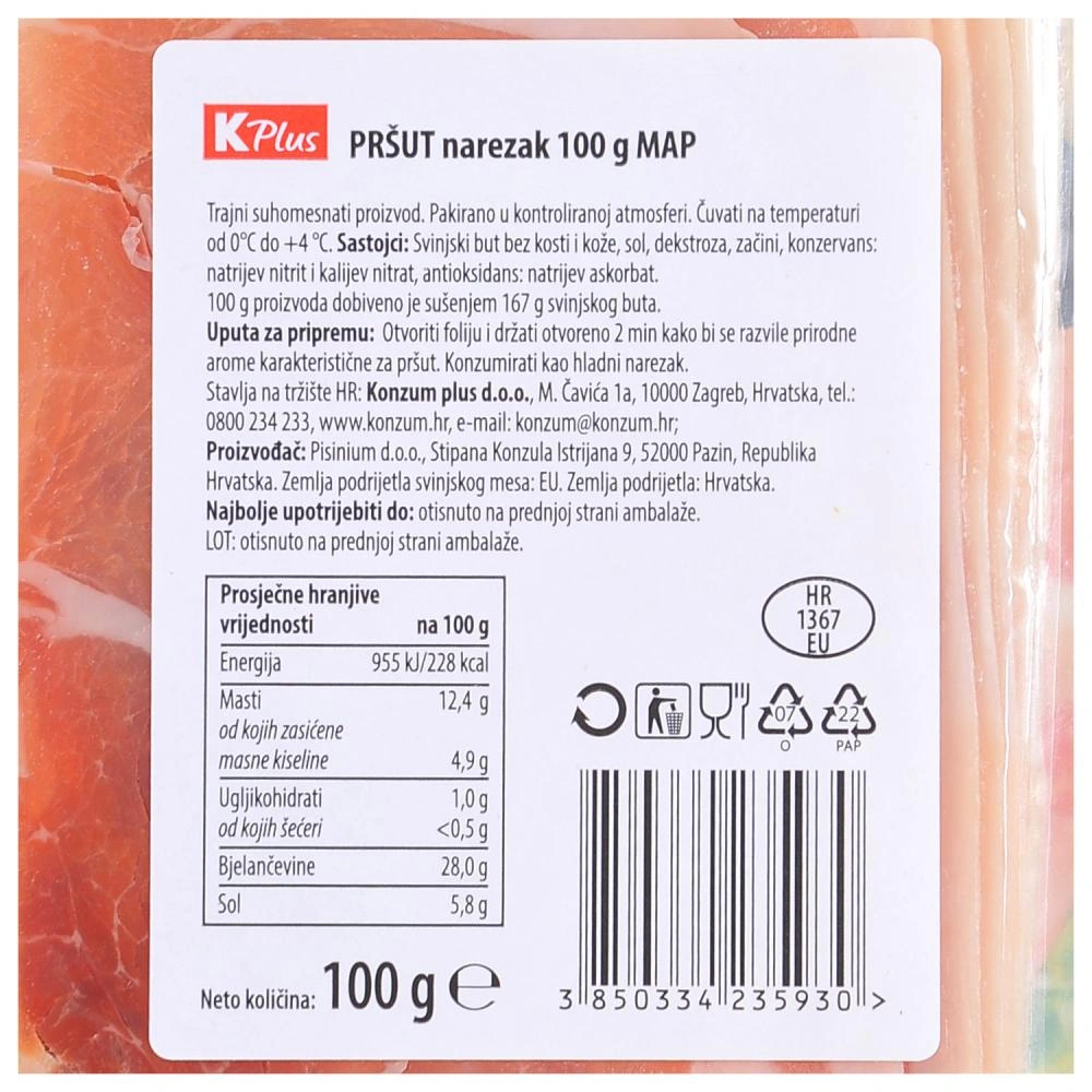 K Plus pršut 100g Akcija u trgovini Konzum