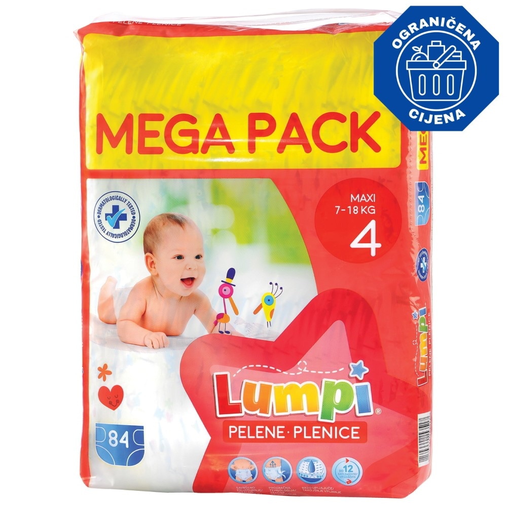 Lumpi Dječje pelene maxl 4, 84 kom ili Junior 5, 72 kom - Akcija u trgovini Konzum