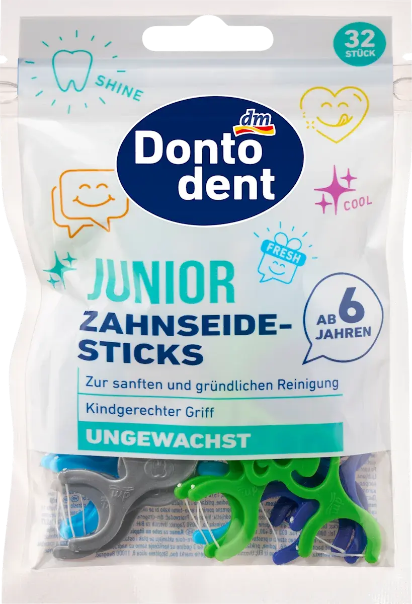 Dontodent dječji konac za zube s držačem Junior 6+ god. 32 kom Akcija u trgovini Dm