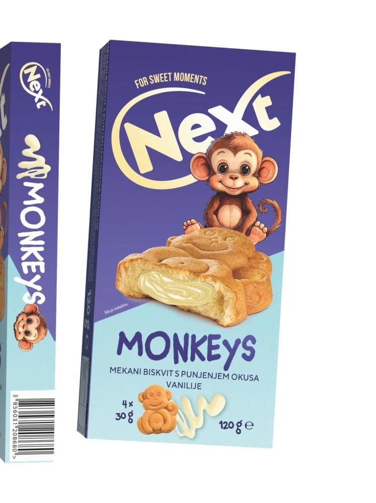 Next mekani biskvit Monkeys vanilija ili čokolada 120 g Akcija u trgovini Plodine