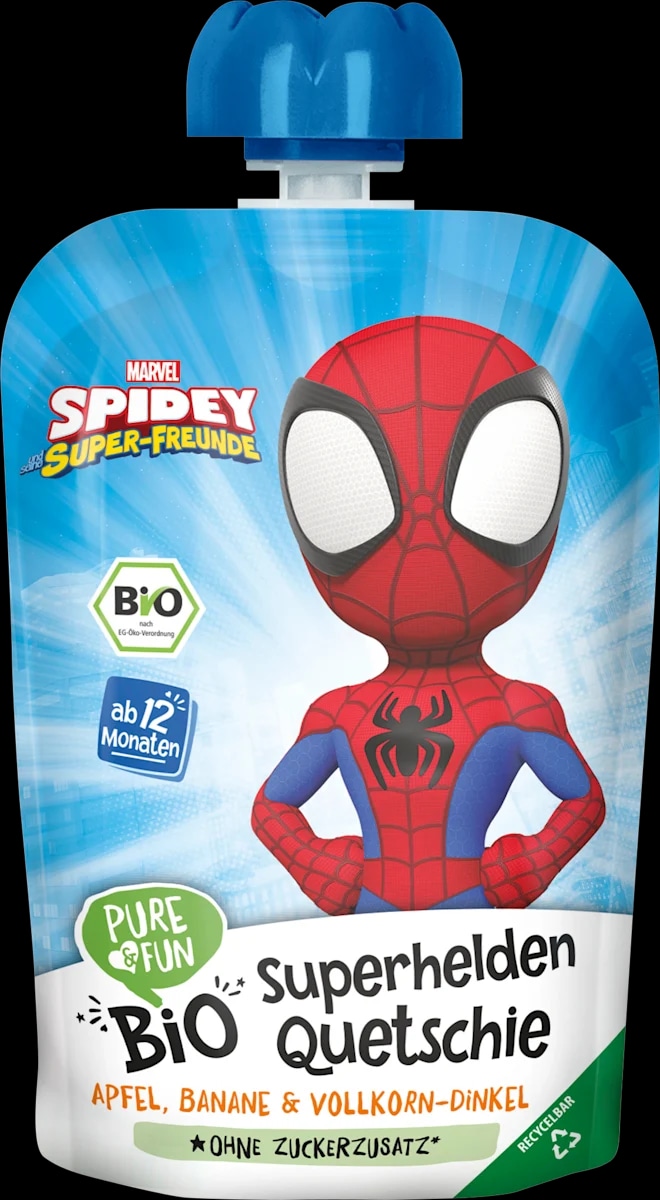 dmBio Superhelden Quetschie Spidey voćni pire s jabukom i bananom 100 g - Akcija u trgovini Dm