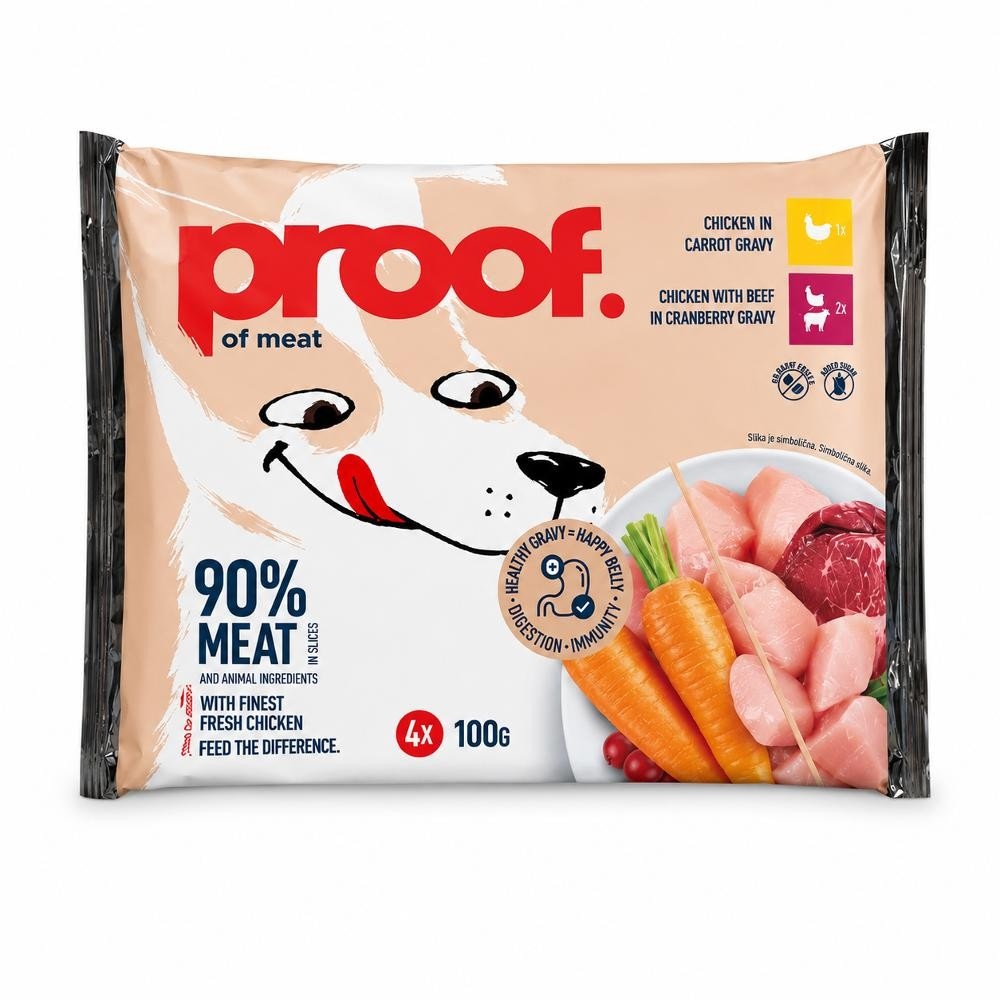 Proof hrana za pse mokra piletina-mrkva + piletina-govedina 4x100g Akcija u trgovini Konzum