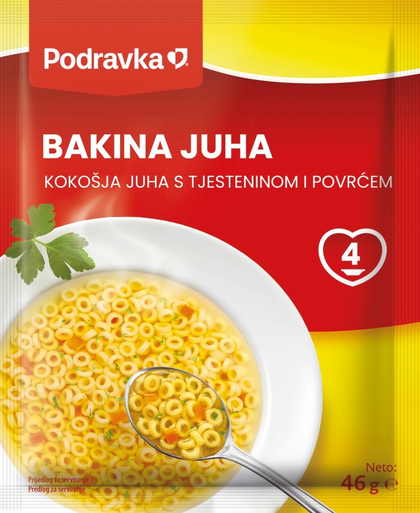 Podravka Bakina kokošja juha/Domaća goveđa s tjesteninom i povrćem/Bistra s tjesteninom 46 g, 45 g - Akcija u trgovini Gavranović