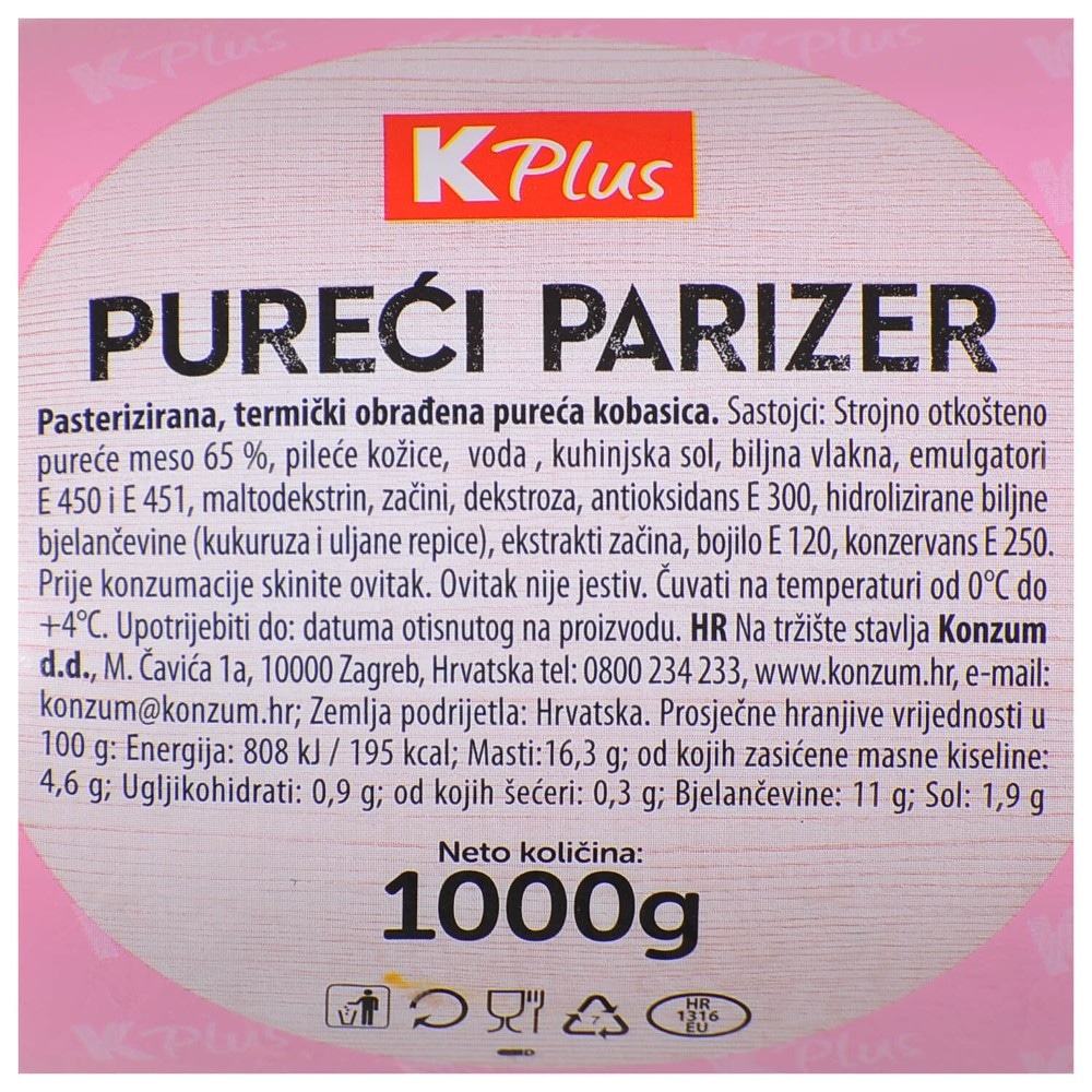 K Plus pureći parizer 1 kg Akcija u trgovini Konzum