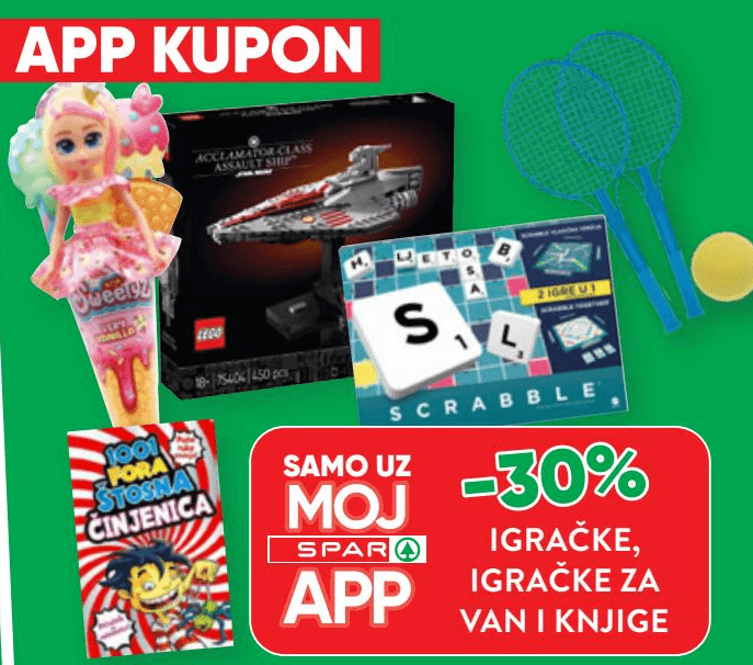 Igračke, igračke za van i knjige LEGO, Scrabble Akcija u trgovini Spar