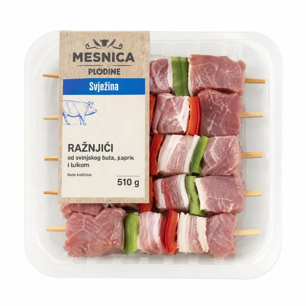 Svježi svinjski ražnjići od buta sa špekom i paprikom 510 g Mesnica Plodine Akcija u trgovini Plodine